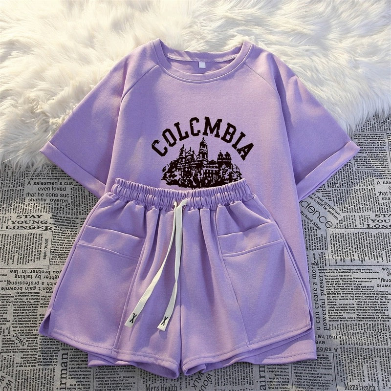 Short-sleeved shorts casual two-piece suit for women 2024 summer new fashion age-reducing running sportswear loose and comfortable