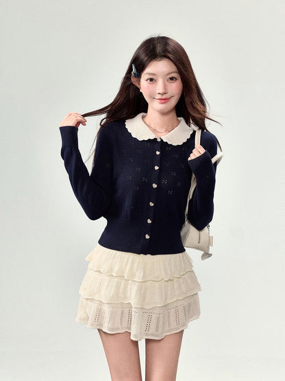 Sweet and adorable color-blocked Peter Pan collar openwork knit sweater for women, autumn style, sweet and youthful top.