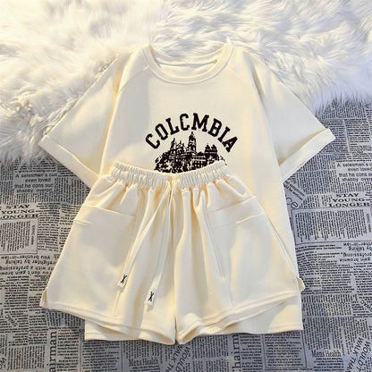 Short-sleeved shorts casual two-piece suit for women 2024 summer new fashion age-reducing running sportswear loose and comfortable