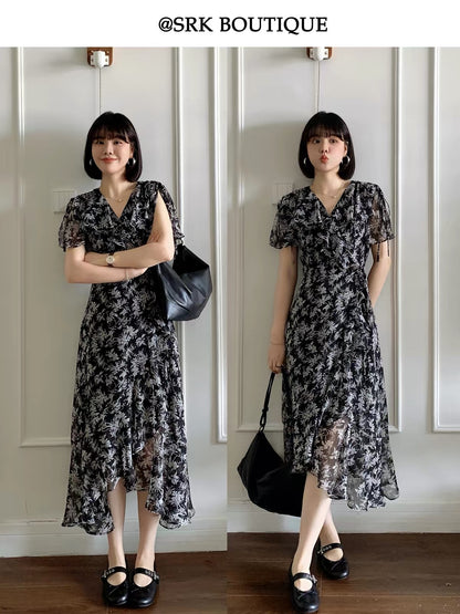 SRK French-style elegant floral dress: a slimming, waist-cinching chiffon beach dress featuring a sexy V-neck, flattering coverage, and a youthful look.