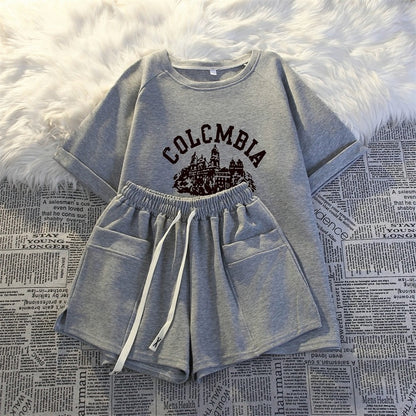 Short-sleeved shorts casual two-piece suit for women 2024 summer new fashion age-reducing running sportswear loose and comfortable