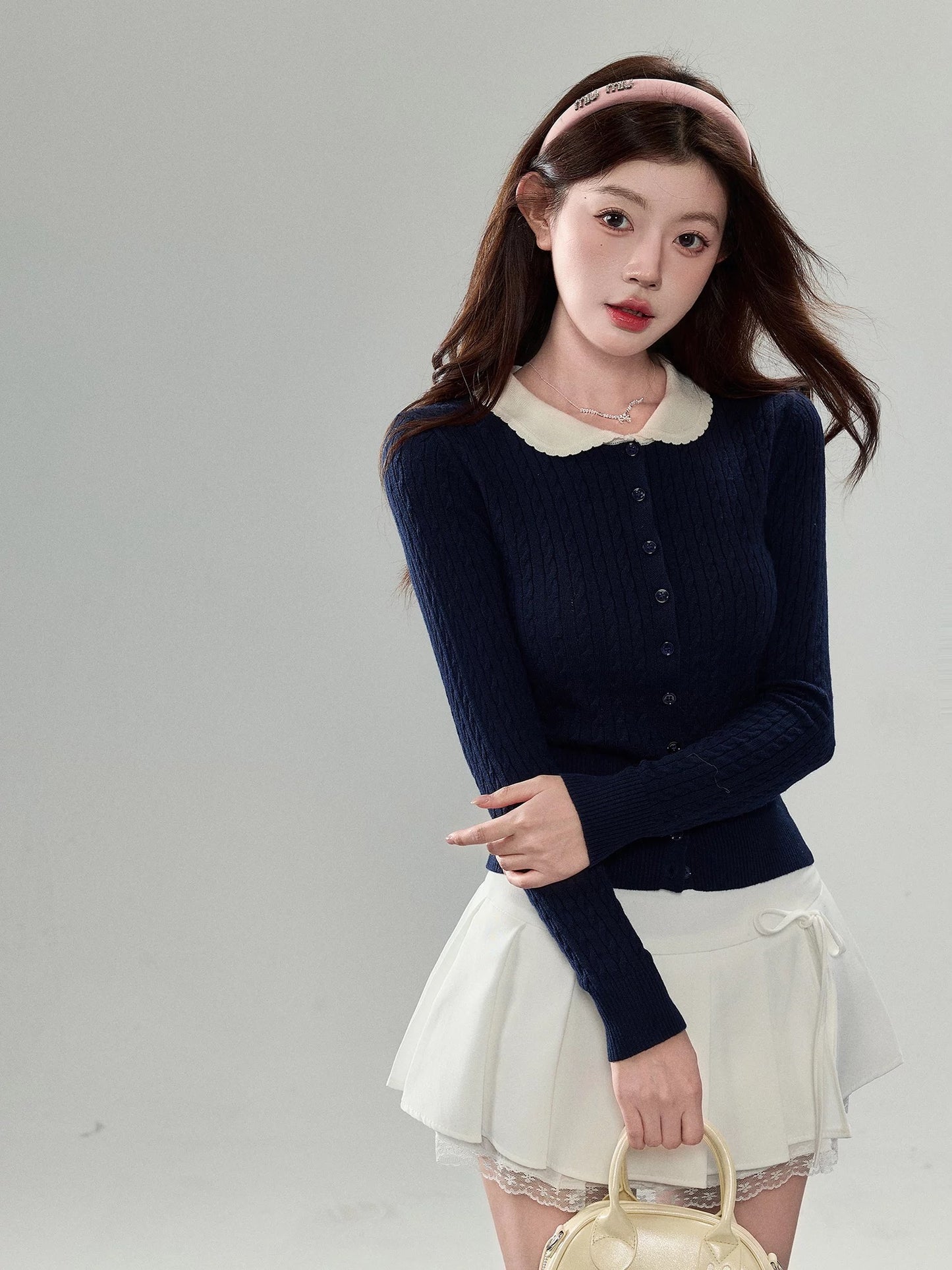 Sweety Peter Pan Collar Knit Cardigan for Women, Autumn Preppy Style Cable Knit Sweater, Slimming Top with Straight Shoulders