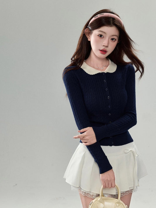 Sweety Peter Pan Collar Knit Cardigan for Women, Autumn Preppy Style Cable Knit Sweater, Slimming Top with Straight Shoulders