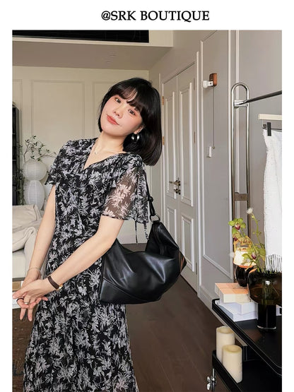 SRK French-style elegant floral dress: a slimming, waist-cinching chiffon beach dress featuring a sexy V-neck, flattering coverage, and a youthful look.