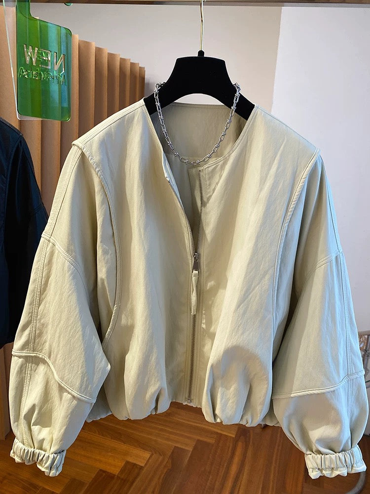 High-grade collarless leather jacket for women 2025 new short loose style stylish petite protein leather jacket tops spring