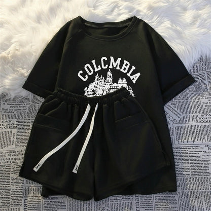 Short-sleeved shorts casual two-piece suit for women 2024 summer new fashion age-reducing running sportswear loose and comfortable