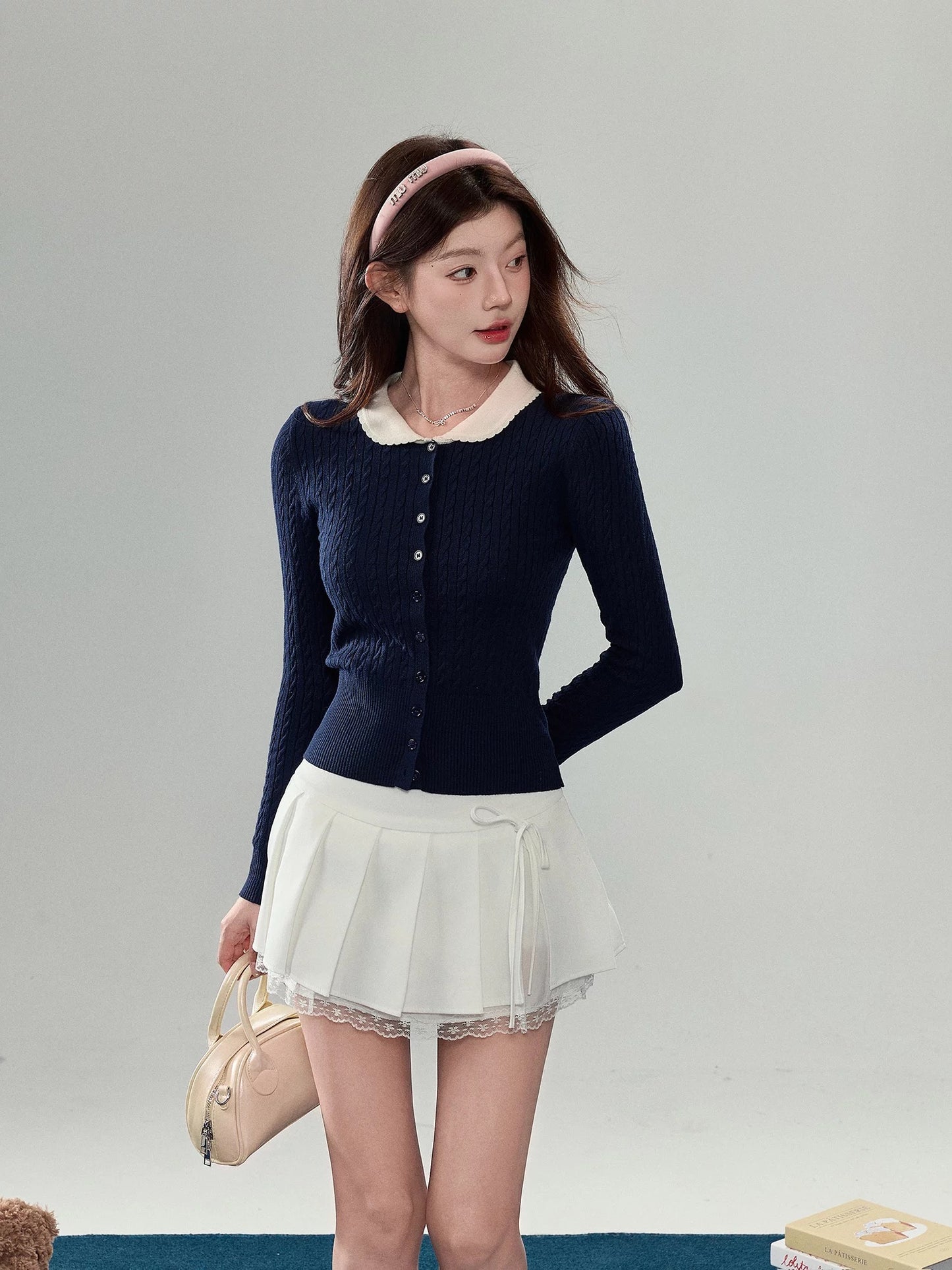 Sweety Peter Pan Collar Knit Cardigan for Women, Autumn Preppy Style Cable Knit Sweater, Slimming Top with Straight Shoulders
