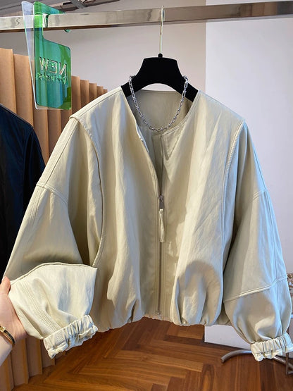 High-grade collarless leather jacket for women 2025 new short loose style stylish petite protein leather jacket tops spring