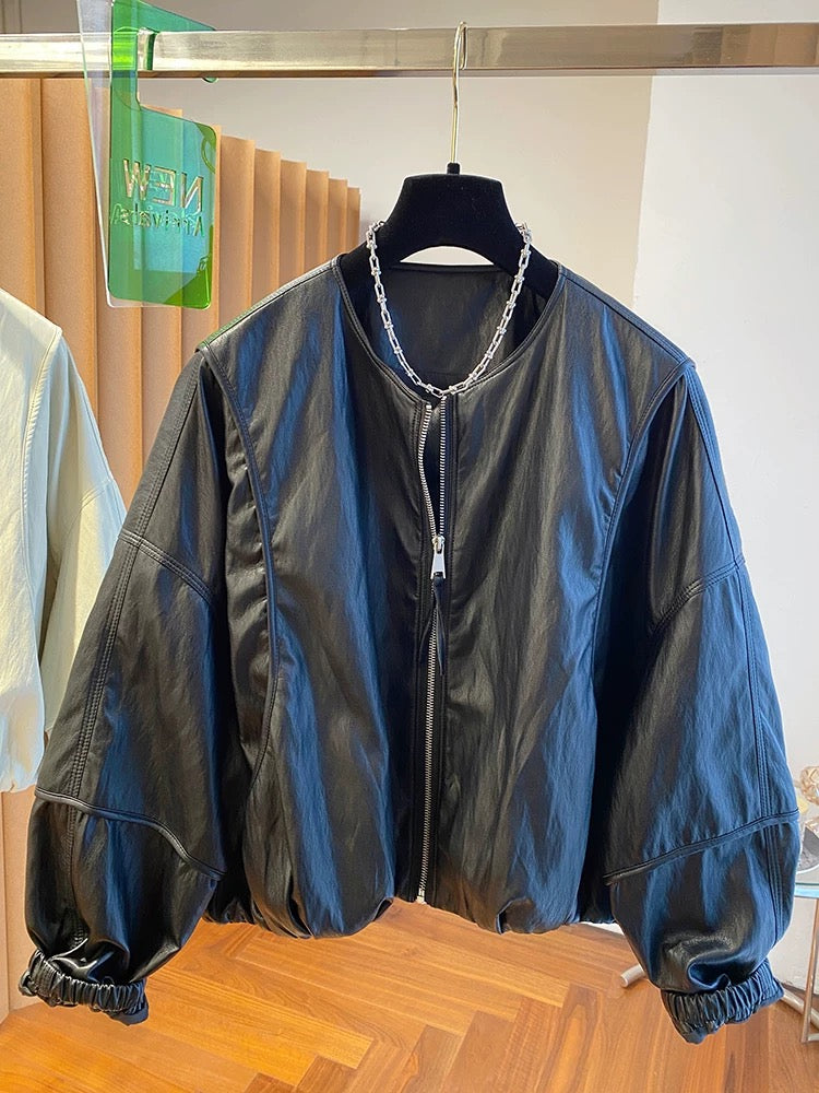 High-grade collarless leather jacket for women 2025 new short loose style stylish petite protein leather jacket tops spring