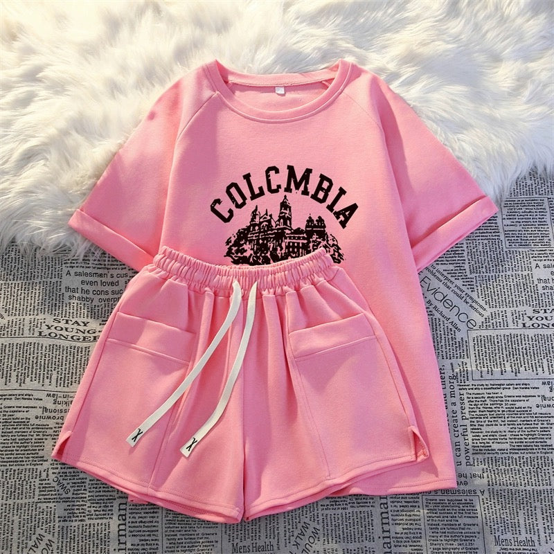 Short-sleeved shorts casual two-piece suit for women 2024 summer new fashion age-reducing running sportswear loose and comfortable
