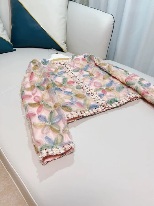 2022 early autumn new Chinese style women's clothing heavy beaded three-dimensional flower pink light luxury top short jacket women's