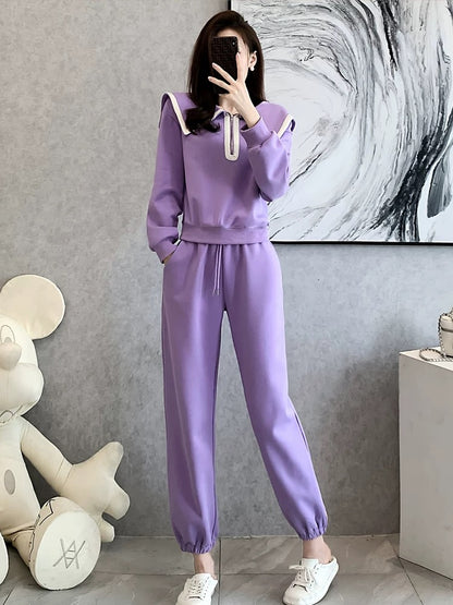 Purple casual sports suit for women, spring and autumn fashionable style 2024 new age-reducing plus velvet thickened sweatshirt two-piece set