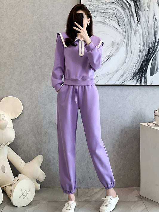 Purple casual sports suit for women, spring and autumn fashionable style 2024 new age-reducing plus velvet thickened sweatshirt two-piece set
