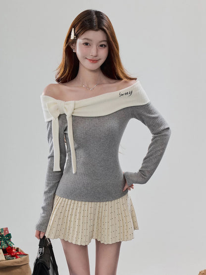 "Clumsy Sweet" Color-blocked Off-Shoulder Bow Knitted Embroidered Top for Women, Winter