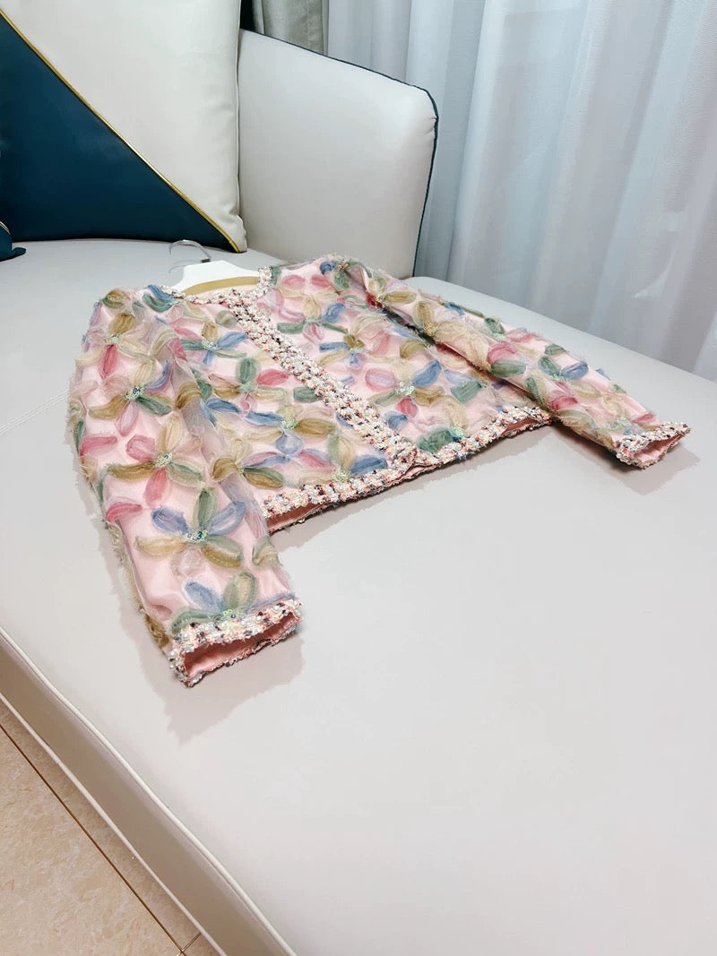 2022 early autumn new Chinese style women's clothing heavy beaded three-dimensional flower pink light luxury top short jacket women's