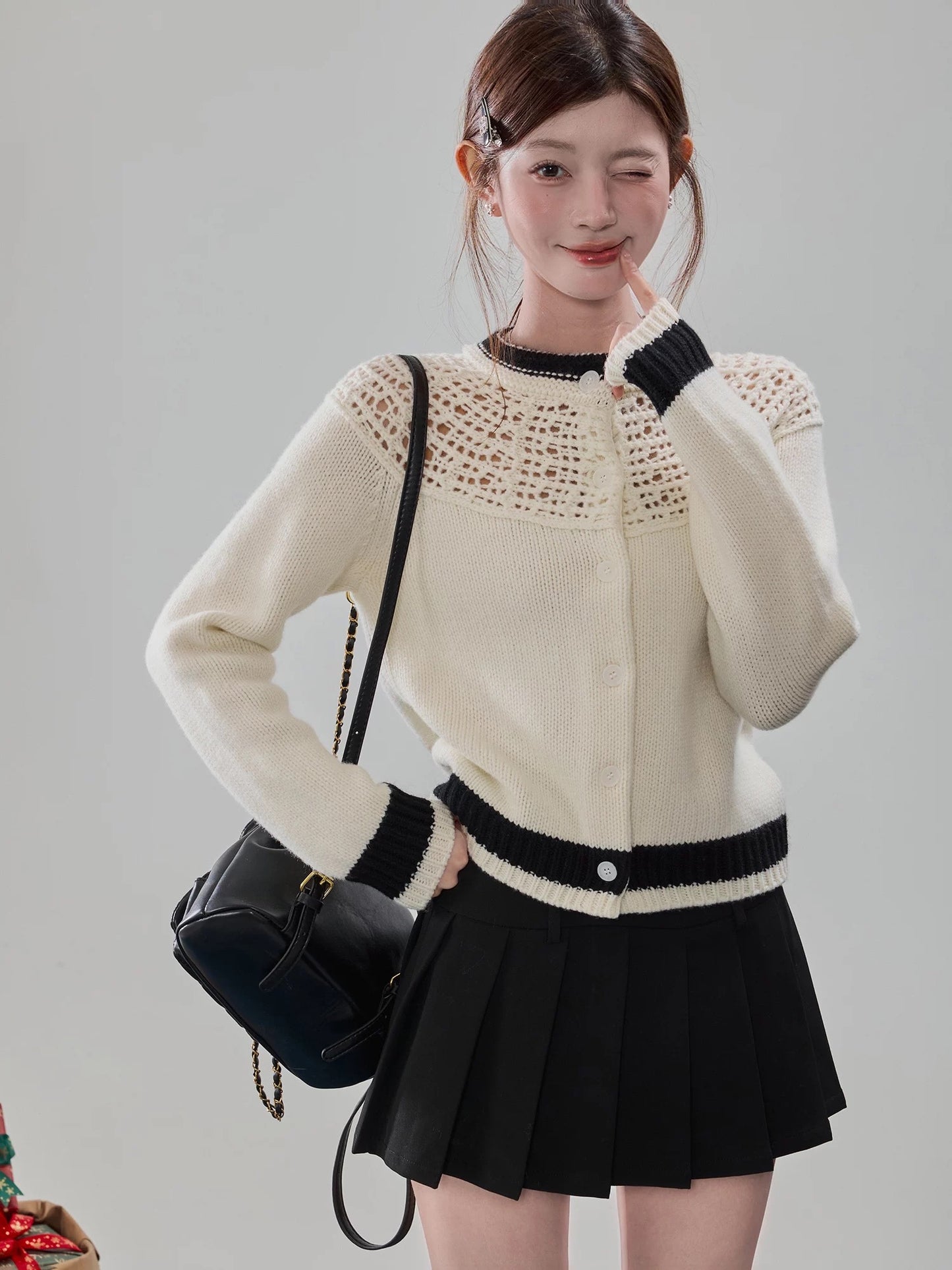 Sweety Black and White Color Block Hollow-Out Cardigan Sweater for Women, with Design, Buttons, Korean Style, Casual and Versatile Top