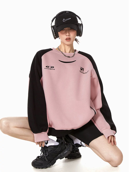 ICH MODE contrasting color splicing texture casual American round neck sweatshirt loose trendy brand street autumn new top for women