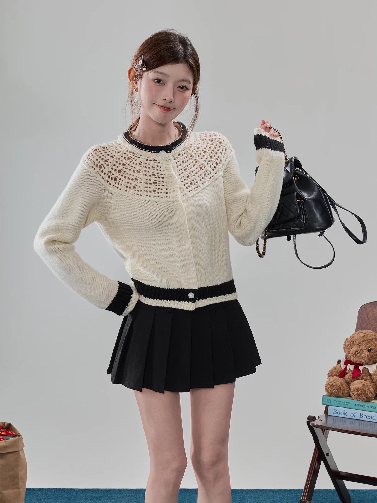 Sweety Black and White Color Block Hollow-Out Cardigan Sweater for Women, with Design, Buttons, Korean Style, Casual and Versatile Top