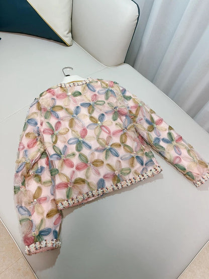 2022 early autumn new Chinese style women's clothing heavy beaded three-dimensional flower pink light luxury top short jacket women's