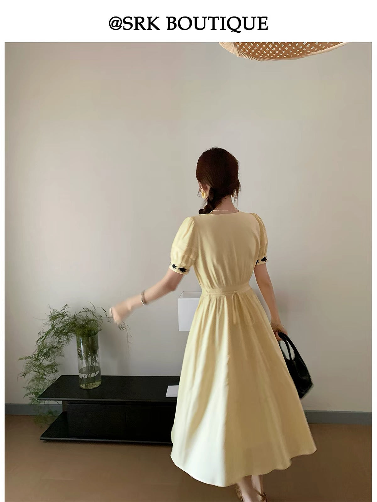 SRK French-style fresh and chic pale yellow linen maxi dress featuring embroidery, a high-waisted design, and a side slit for a slimming silhouette.