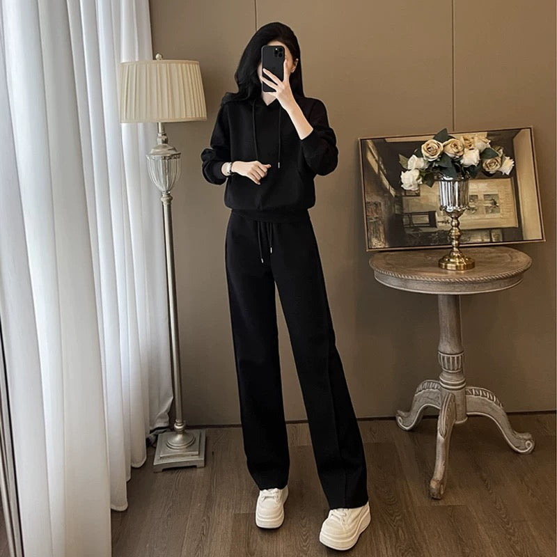 Black sports and leisure suit for women spring and autumn 2024 new fashion age-reducing style hooded sweatshirt and trousers two-piece set