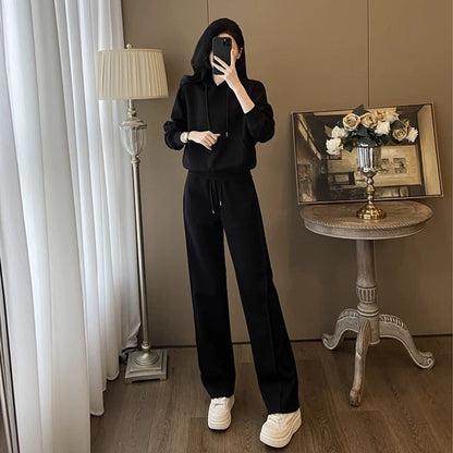 Black sports and leisure suit for women spring and autumn 2024 new fashion age-reducing style hooded sweatshirt and trousers two-piece set