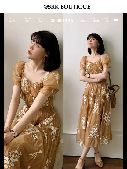 SRK French Vintage-Style Dress: Square Neck, Premium Heavy Embroidery, Waist-Cinching A-Line Silhouette with Full Skirt – New Long Dress