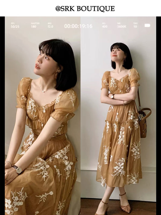 SRK French Vintage-Style Dress: Square Neck, Premium Heavy Embroidery, Waist-Cinching A-Line Silhouette with Full Skirt – New Long Dress