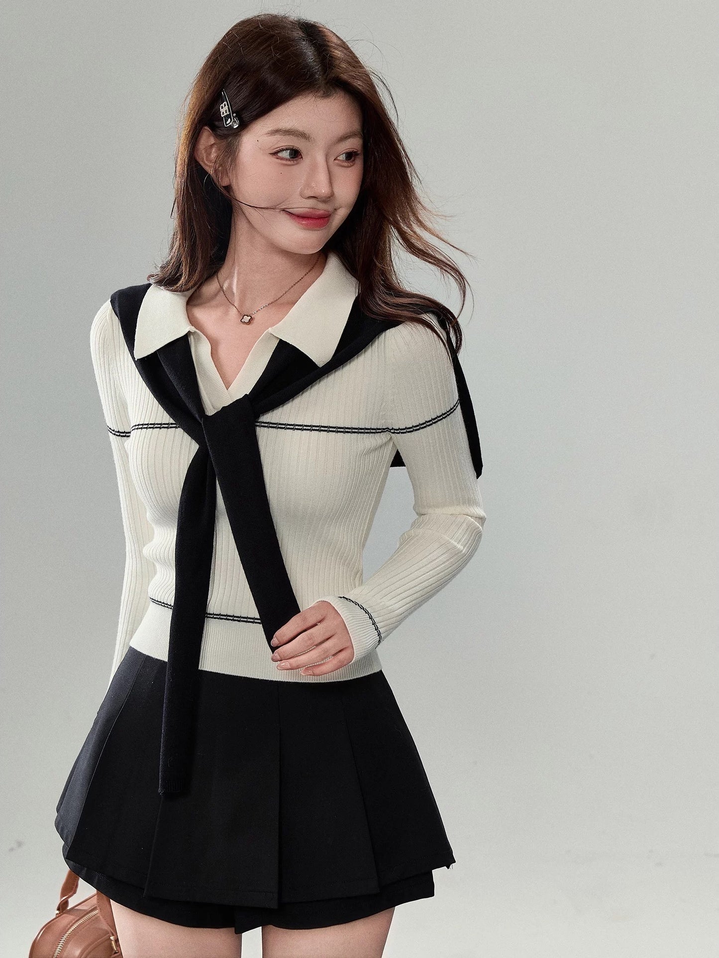 Sweety polo collar shawl knit top for women, autumn style, Korean style, slim fit, long sleeves, perfect for layering.