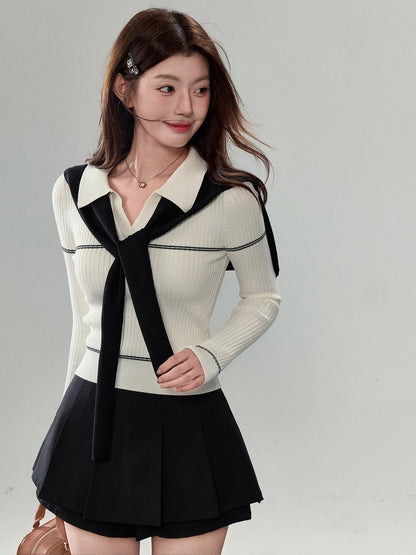 Sweety polo collar shawl knit top for women, autumn style, Korean style, slim fit, long sleeves, perfect for layering.