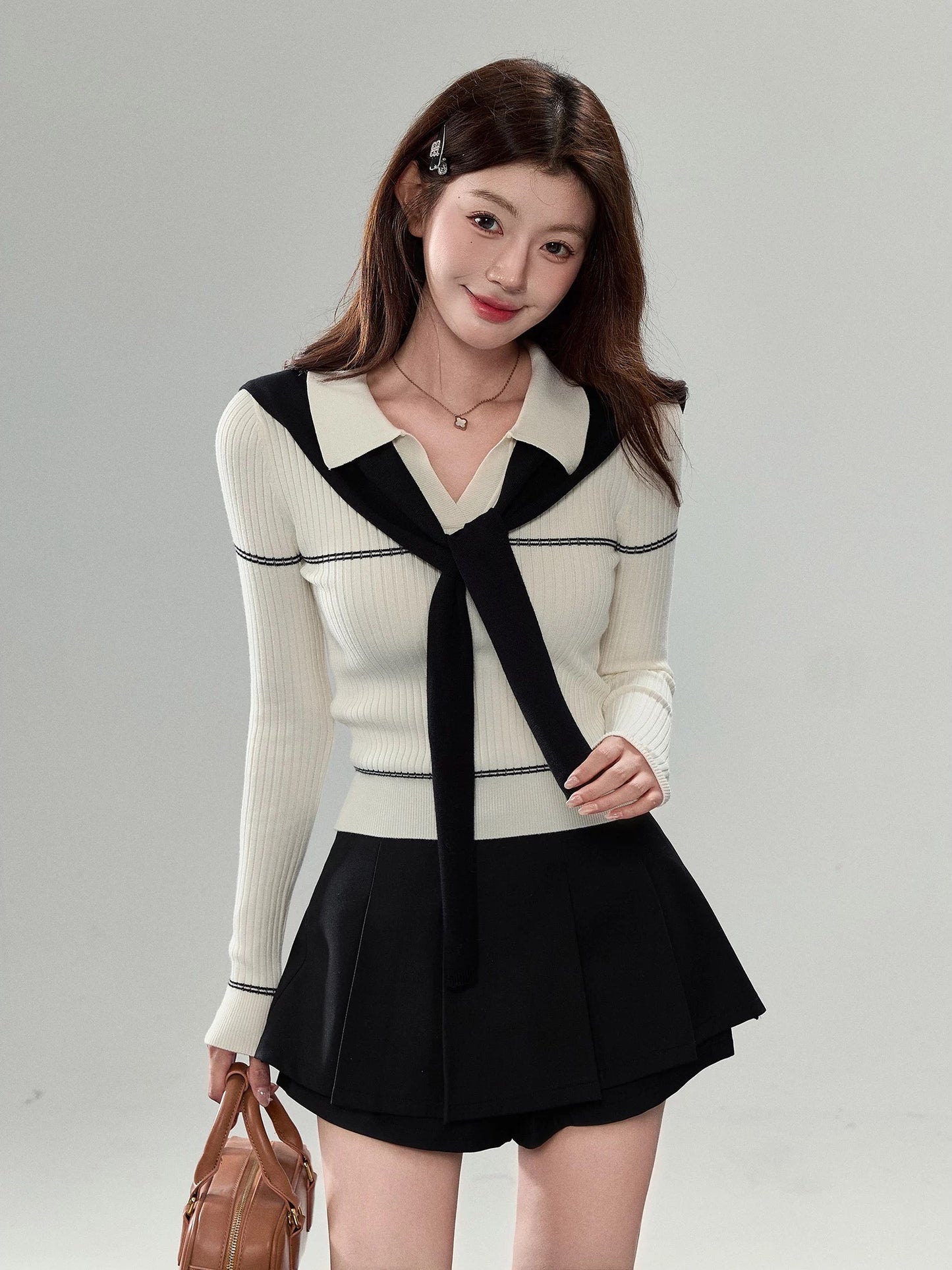 Sweety polo collar shawl knit top for women, autumn style, Korean style, slim fit, long sleeves, perfect for layering.