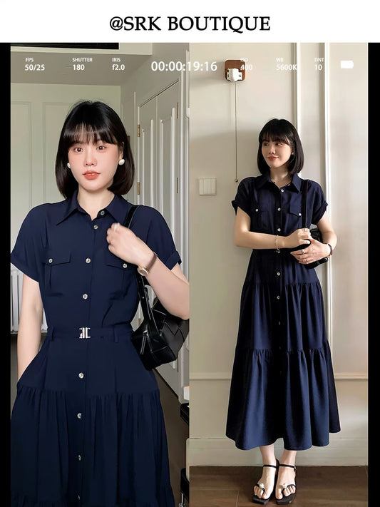 SRK French-style vintage dress featuring an exquisite, minimalist design, a relaxed fit, a classic collar, and short sleeves—crafted as a navy blue shirt dress.
