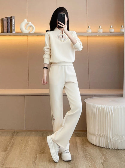 New Chinese-style outfit for early autumn, a complete set of casual, fashionable, foreign-style, national-style embroidered sweatshirt, wide-leg pants, two-piece suit for women