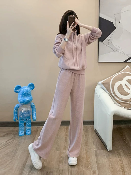European high-end sports casual suit for women, autumn and winter fashionable temperament, velvet thickened sweatshirt, wide-leg pants two-piece set