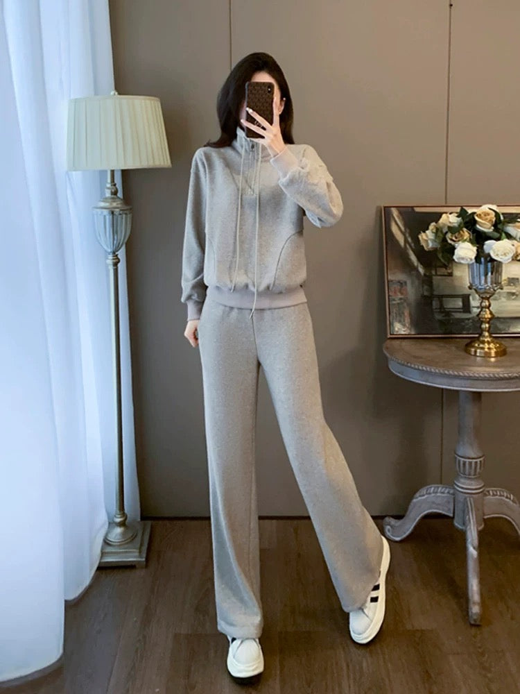 European high-end sports casual suit for women, autumn and winter fashionable temperament, velvet thickened sweatshirt, wide-leg pants two-piece set