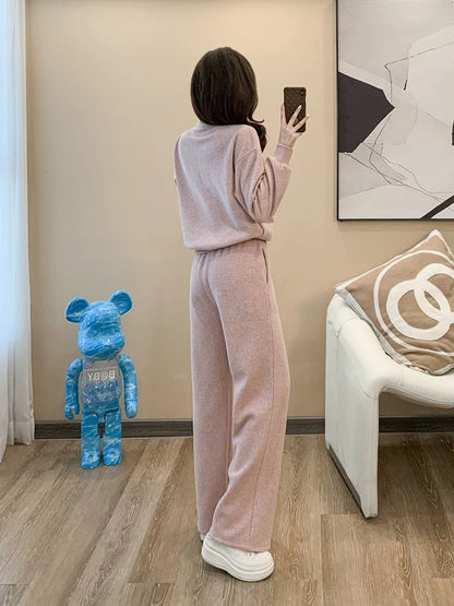 European high-end sports casual suit for women, autumn and winter fashionable temperament, velvet thickened sweatshirt, wide-leg pants two-piece set