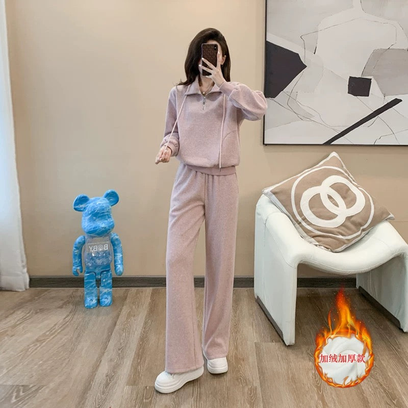 European high-end sports casual suit for women, autumn and winter fashionable temperament, velvet thickened sweatshirt, wide-leg pants two-piece set