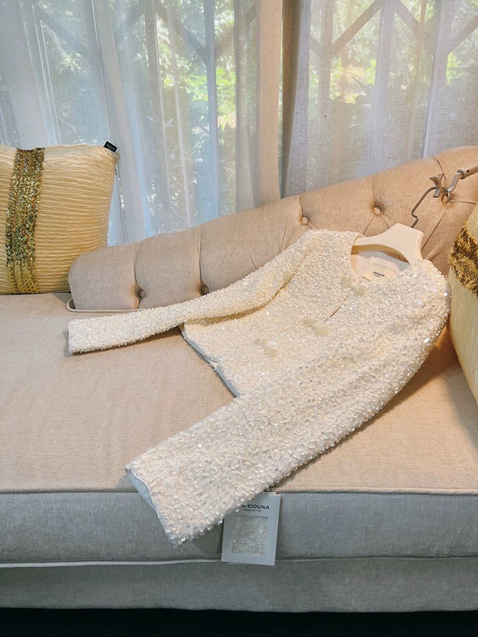 New Chinese style pearl button white top light luxury velvet sequins high-end temperament lady short small jacket for women