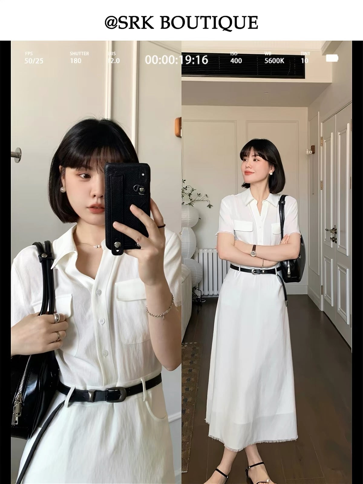 SRK French-style V-neck dress featuring a minimalist shirt collar and waist-cinching design; an elegant, sophisticated, and slimming long summer dress.