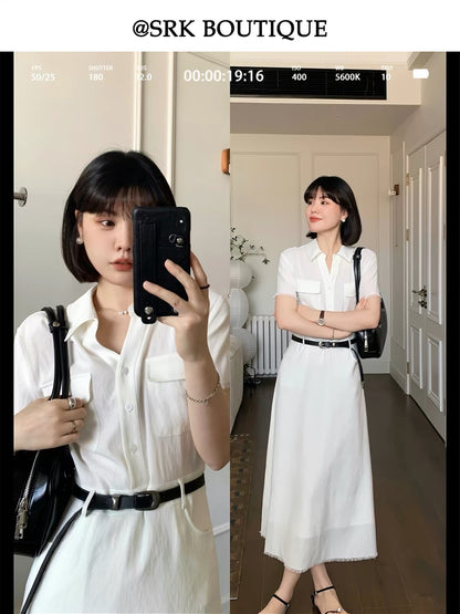 SRK French-style V-neck dress featuring a minimalist shirt collar and waist-cinching design; an elegant, sophisticated, and slimming long summer dress.