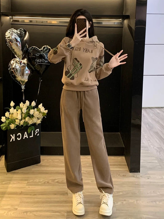 Hong Kong style sports and leisure suit for women spring and autumn 2024 new fashion fashionable street hooded sweatshirt and pants two-piece set