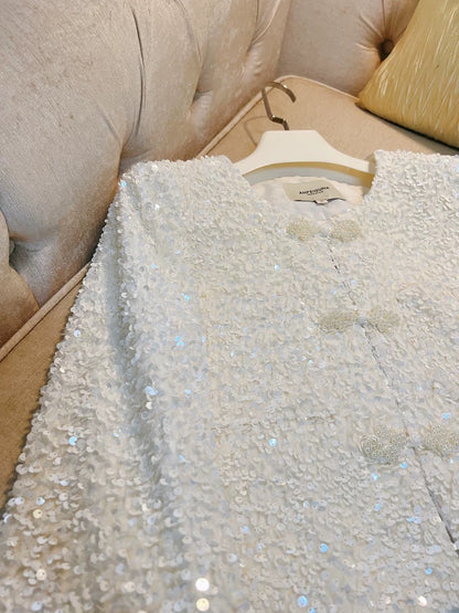 New Chinese style pearl button white top light luxury velvet sequins high-end temperament lady short small jacket for women