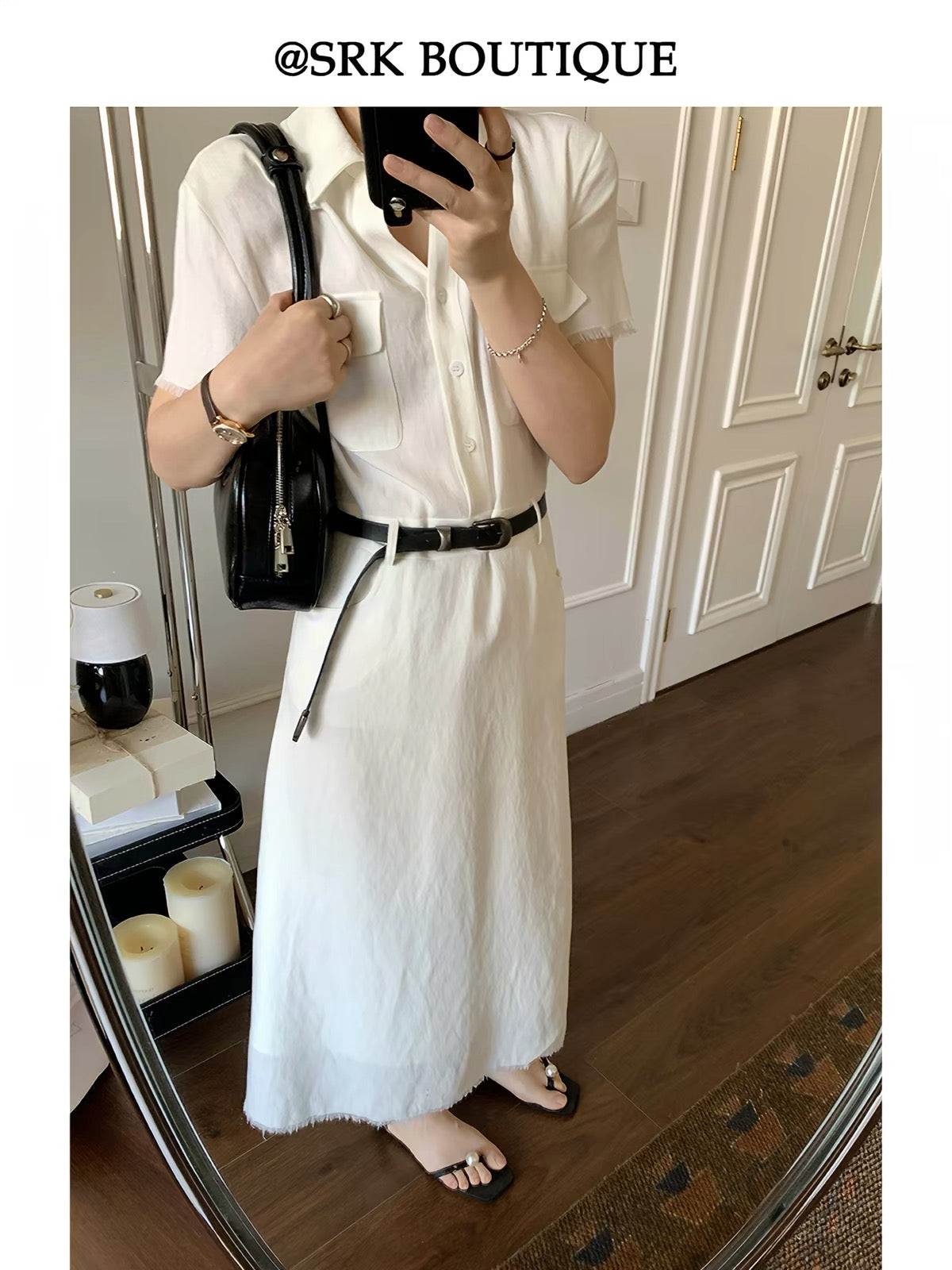 SRK French-style V-neck dress featuring a minimalist shirt collar and waist-cinching design; an elegant, sophisticated, and slimming long summer dress.