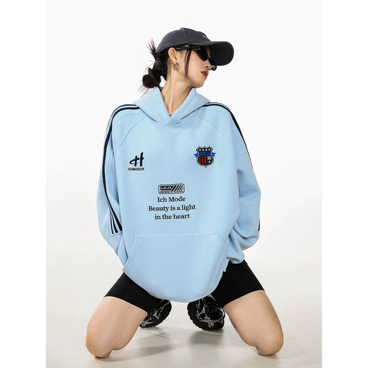 ICH MODE texture casual high street sports striped American hooded sweatshirt women's autumn new niche trend hoodie