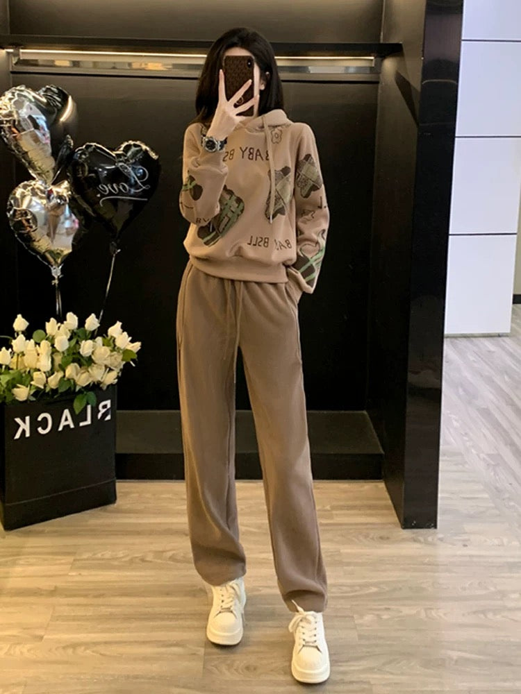Hong Kong style sports and leisure suit for women spring and autumn 2024 new fashion fashionable street hooded sweatshirt and pants two-piece set