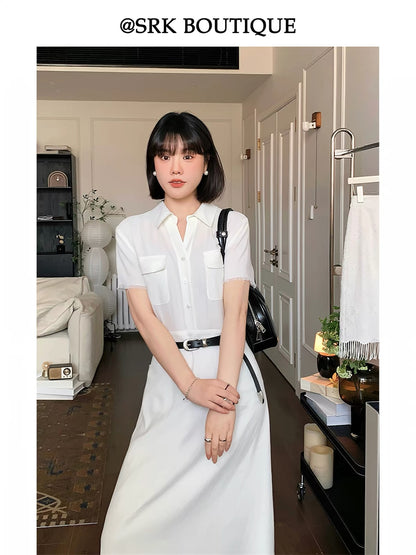 SRK French-style V-neck dress featuring a minimalist shirt collar and waist-cinching design; an elegant, sophisticated, and slimming long summer dress.