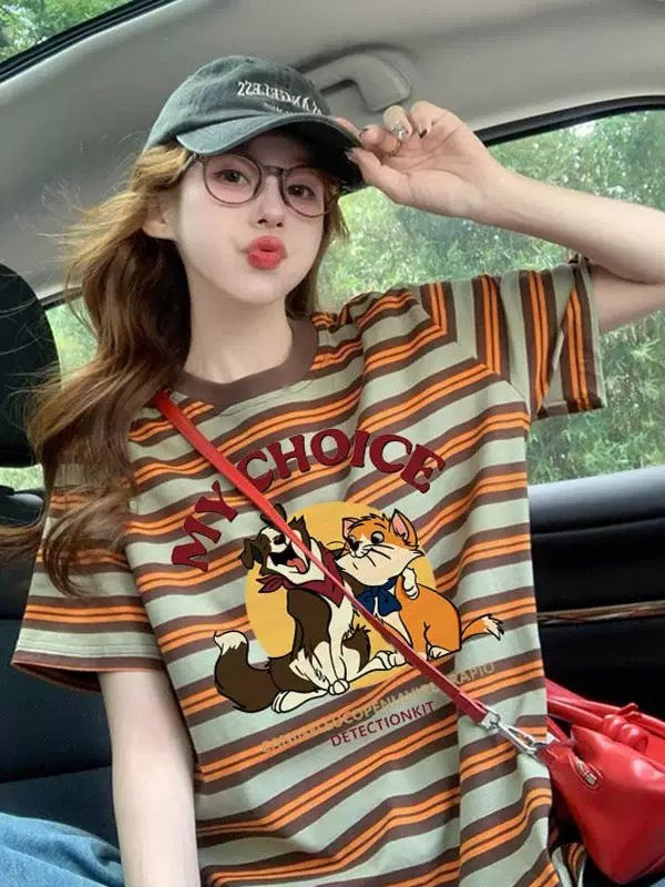 American design striped printed T-shirt for women 2025 summer hot style loose versatile niche age-reducing short-sleeved top