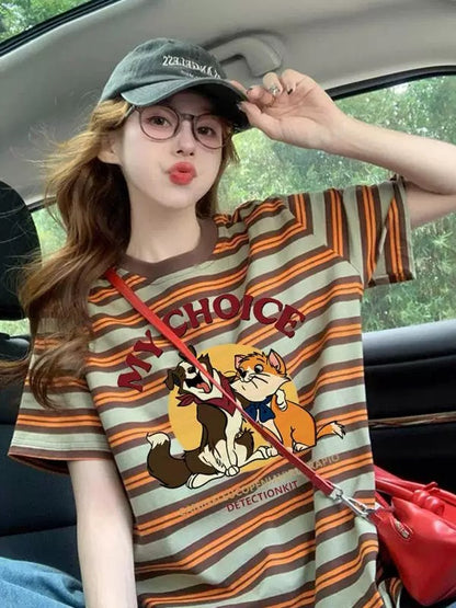 American design striped printed T-shirt for women 2025 summer hot style loose versatile niche age-reducing short-sleeved top