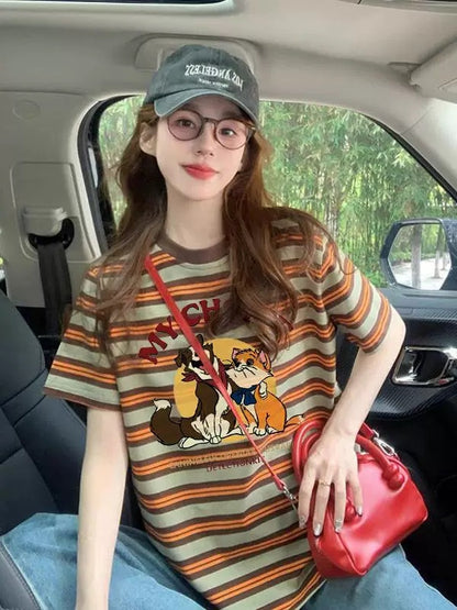 American design striped printed T-shirt for women 2025 summer hot style loose versatile niche age-reducing short-sleeved top