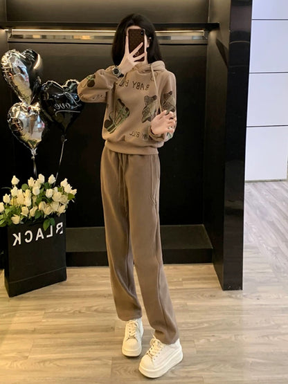 Hong Kong style sports and leisure suit for women spring and autumn 2024 new fashion fashionable street hooded sweatshirt and pants two-piece set